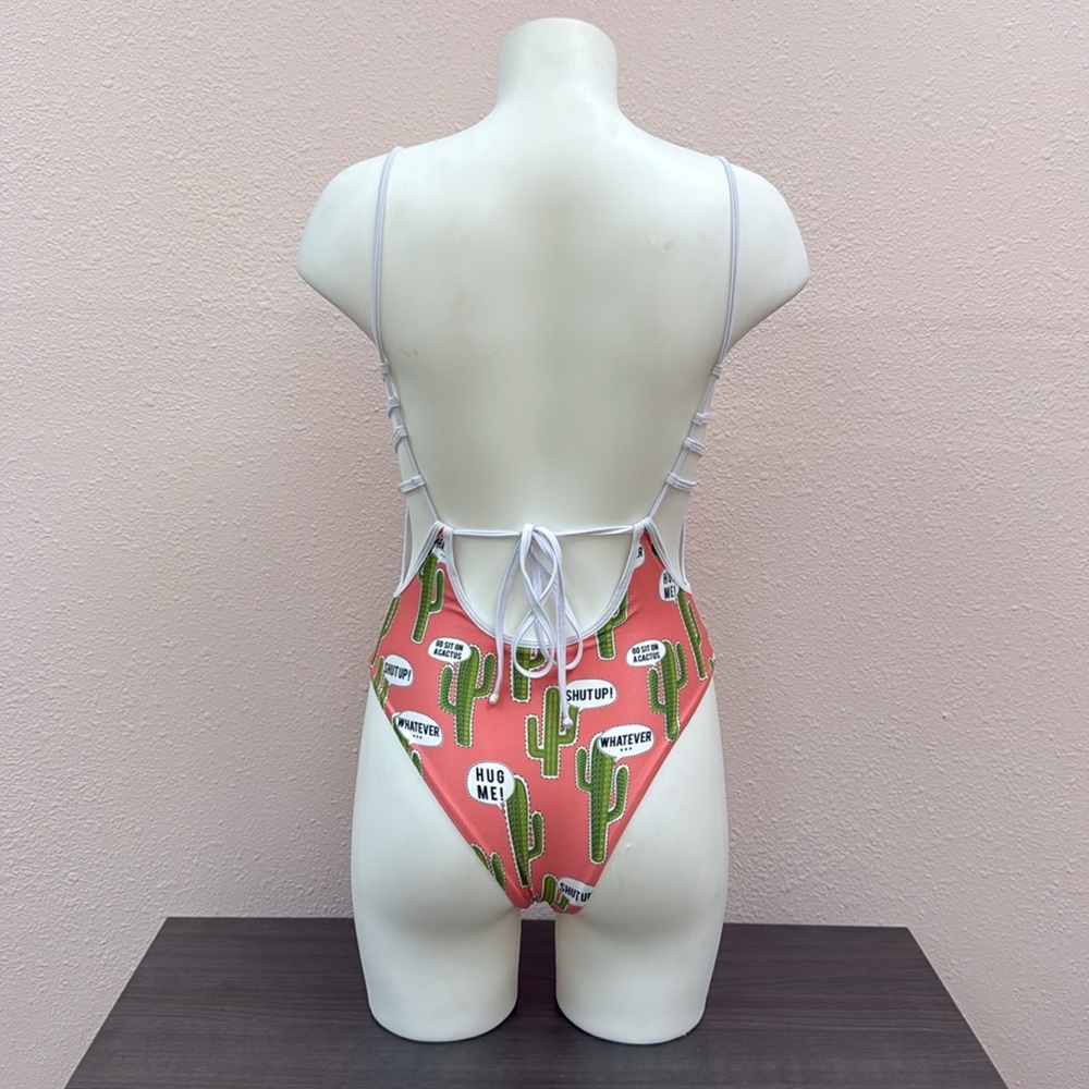 Cactus Print Women's One Piece Swimsuit - Pink - Picture 4 of 5
